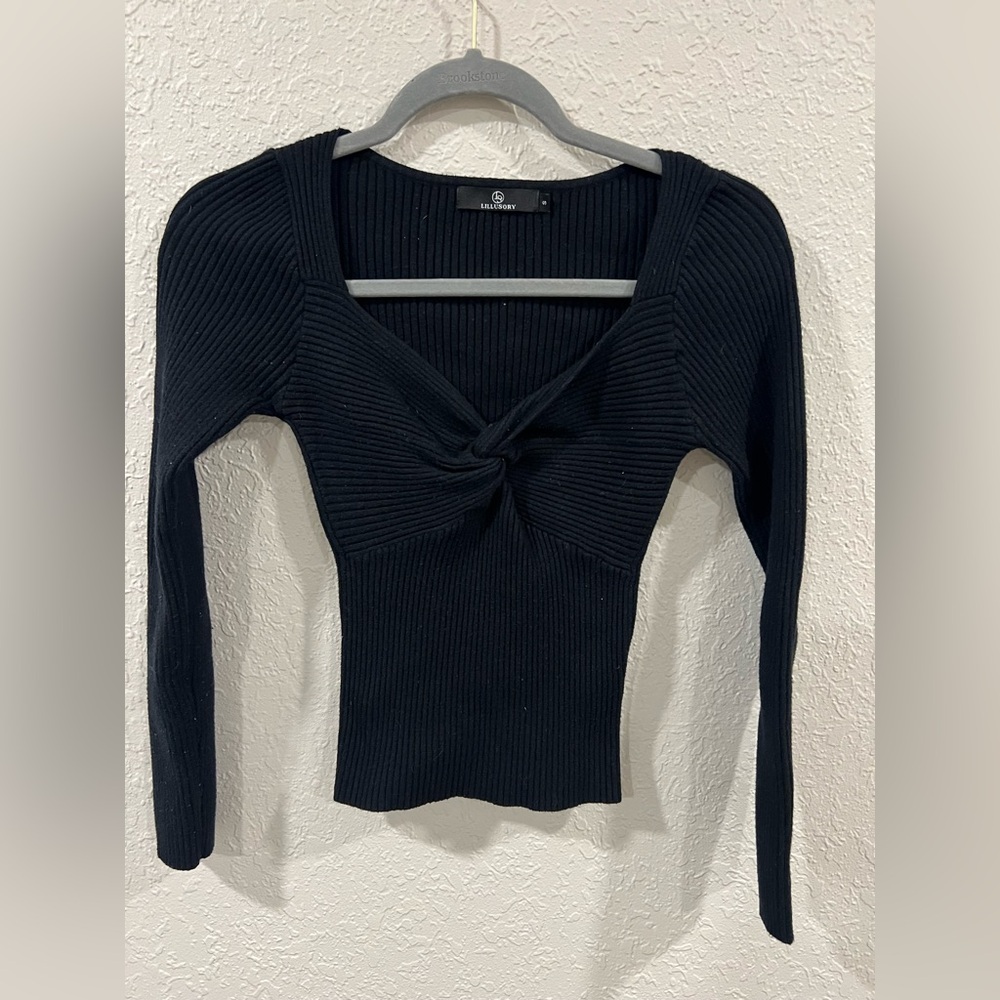 Black Ribbed Knit Long Sleeve Top